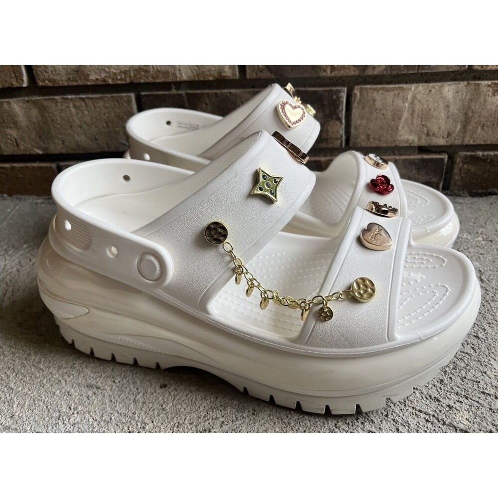 Crocs Mega Crush Women's 9 Men's 7 Platform Sandals - White w/ Jibbitz Charms - Picture 2 of 16